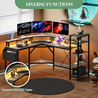 Bureau de gaming en L de 155 cm, bureau d'ordinateur ergonomique, avec étagères à 5 niveaux, LED, prise de courant et sac de rangement