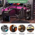 Bureau de gaming en L de 155 cm, bureau d'ordinateur ergonomique, avec étagères à 5 niveaux, LED, prise de courant et sac de rangement