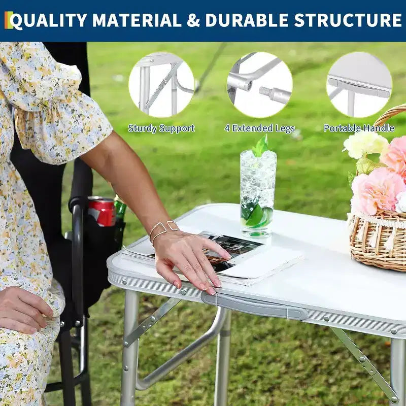Petite table pliante avec hauteur réglable, cadre léger en aluminium, table de camping portable avec poignée de transport, argent