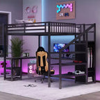 Full/Queen Metal Loft Bed with Wardrobe, L-Shaped Desk, USB & LED Lights, Space-Saving Gaming Loft Bed Frame - ModernLuxe