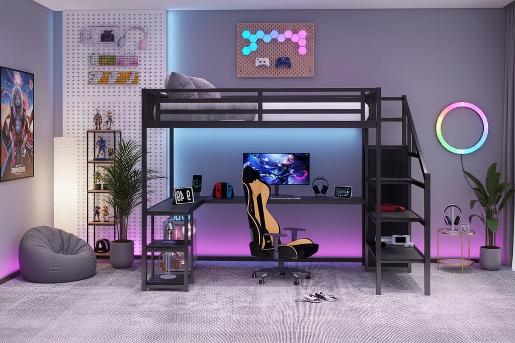 Lit mezzanine en métal Full/Queen avec armoire, bureau en L, ports USB et lumières LED, cadre de lit mezzanine gain de place pour jeux