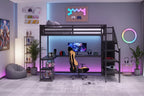 Lit mezzanine en métal Full/Queen avec armoire, bureau en L, ports USB et lumières LED, cadre de lit mezzanine gain de place pour jeux