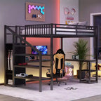 Lit mezzanine en métal Full/Queen avec armoire, bureau en L, ports USB et lumières LED, cadre de lit mezzanine gain de place pour jeux