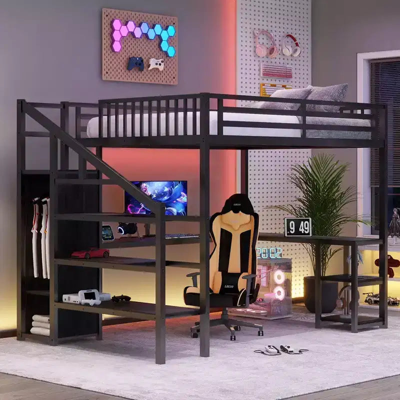 Lit mezzanine en métal Full/Queen avec armoire, bureau en L, ports USB et lumières LED, cadre de lit mezzanine gain de place pour jeux