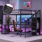 Lit mezzanine en métal Full/Queen avec armoire, bureau en L, ports USB et lumières LED, cadre de lit mezzanine gain de place pour jeux