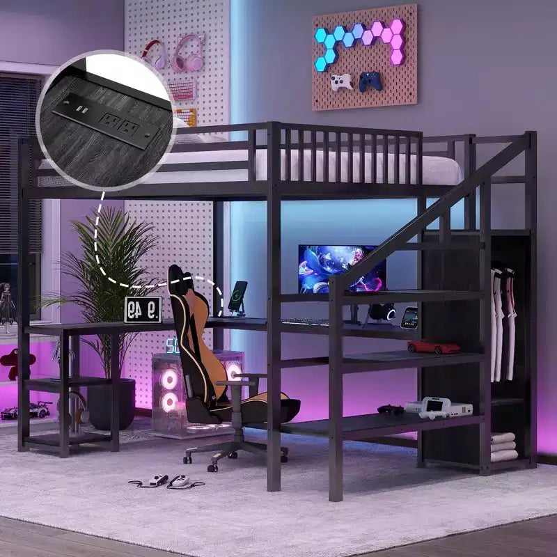 Lit mezzanine en métal Full/Queen avec armoire, bureau en L, ports USB et lumières LED, cadre de lit mezzanine gain de place pour jeux