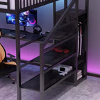 Lit mezzanine en métal Full/Queen avec armoire, bureau en L, ports USB et lumières LED, cadre de lit mezzanine gain de place pour jeux
