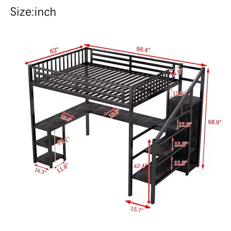Lit mezzanine en métal Full/Queen avec armoire, bureau en L, ports USB et lumières LED, cadre de lit mezzanine gain de place pour jeux