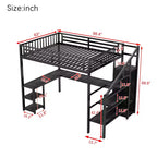 Lit mezzanine en métal Full/Queen avec armoire, bureau en L, ports USB et lumières LED, cadre de lit mezzanine gain de place pour jeux