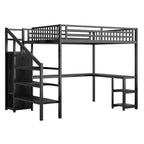 Lit mezzanine en métal Full/Queen avec armoire, bureau en L, ports USB et lumières LED, cadre de lit mezzanine gain de place pour jeux