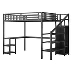 Lit mezzanine en métal Full/Queen avec armoire, bureau en L, ports USB et lumières LED, cadre de lit mezzanine gain de place pour jeux