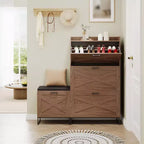 Shoe Storage Bench, Wooden Entryway Bench with 4 Flip Drawers & Padded Seat, Hidden Shoe Organizer Cabinet for Hallway Living Room