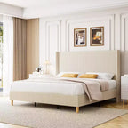 King Size Corduroy Bed Frame, with Vertical Channel Tufted Wingback Headboard, Strong Wooden Slats Support, No Box Spring Needed, Easy Assembly
