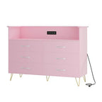 Commode moderne à 6 tiroirs avec lumières LED et station de recharge - 3 prises, 2 ports USB, lumières changeantes de couleur, étagères ouvertes avec commode de rangement élégante
