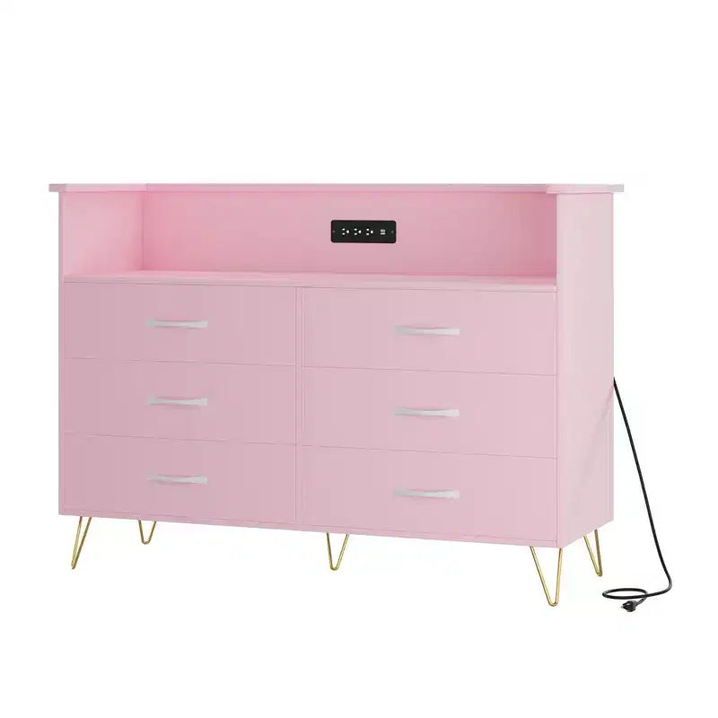 Commode moderne à 6 tiroirs avec lumières LED et station de recharge - 3 prises, 2 ports USB, lumières changeantes de couleur, étagères ouvertes avec commode de rangement élégante