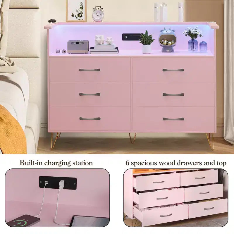 Commode moderne à 6 tiroirs avec lumières LED et station de recharge - 3 prises, 2 ports USB, lumières changeantes de couleur, étagères ouvertes avec commode de rangement élégante