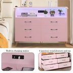 Commode moderne à 6 tiroirs avec lumières LED et station de recharge - 3 prises, 2 ports USB, lumières changeantes de couleur, étagères ouvertes avec commode de rangement élégante