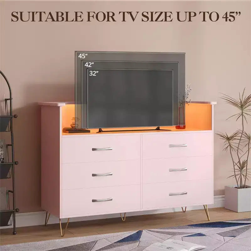 Commode moderne à 6 tiroirs avec lumières LED et station de recharge - 3 prises, 2 ports USB, lumières changeantes de couleur, étagères ouvertes avec commode de rangement élégante