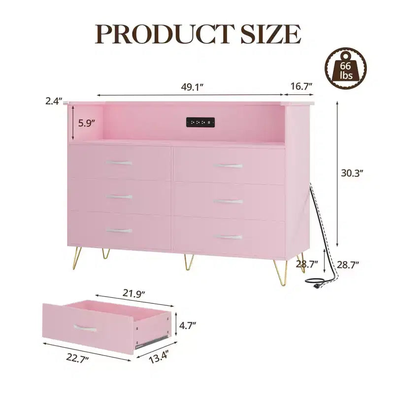 Commode moderne à 6 tiroirs avec lumières LED et station de recharge - 3 prises, 2 ports USB, lumières changeantes de couleur, étagères ouvertes avec commode de rangement élégante