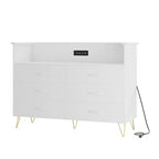 Commode moderne à 6 tiroirs avec lumières LED et station de recharge - 3 prises, 2 ports USB, lumières changeantes de couleur, étagères ouvertes avec commode de rangement élégante