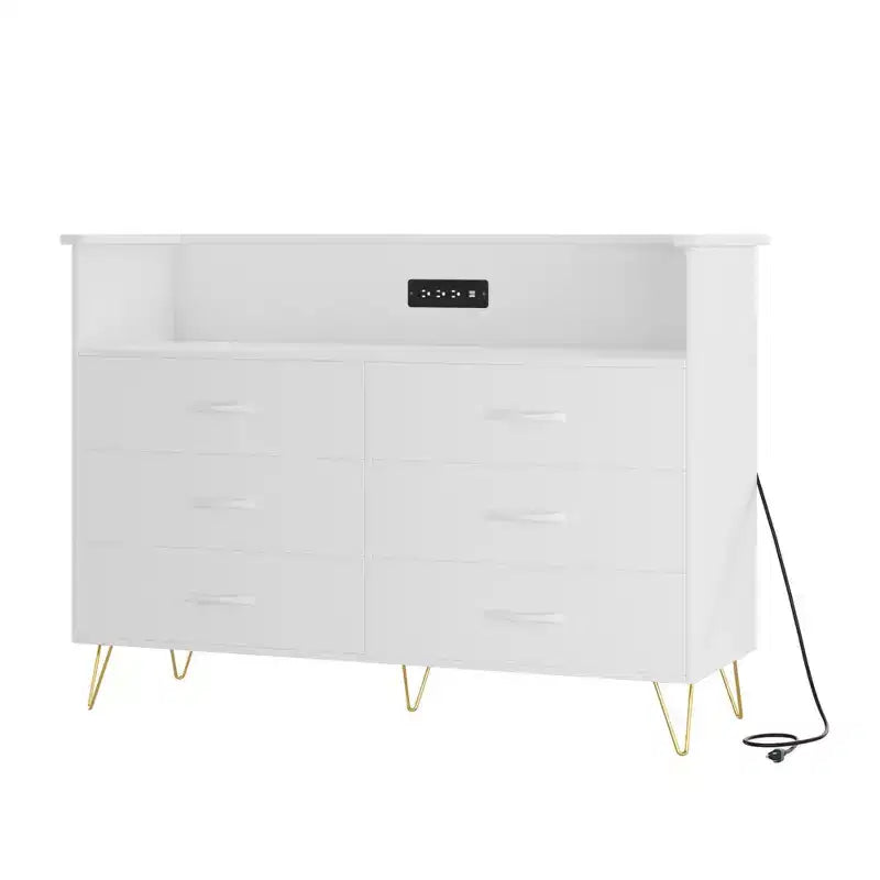 Commode moderne à 6 tiroirs avec lumières LED et station de recharge - 3 prises, 2 ports USB, lumières changeantes de couleur, étagères ouvertes avec commode de rangement élégante