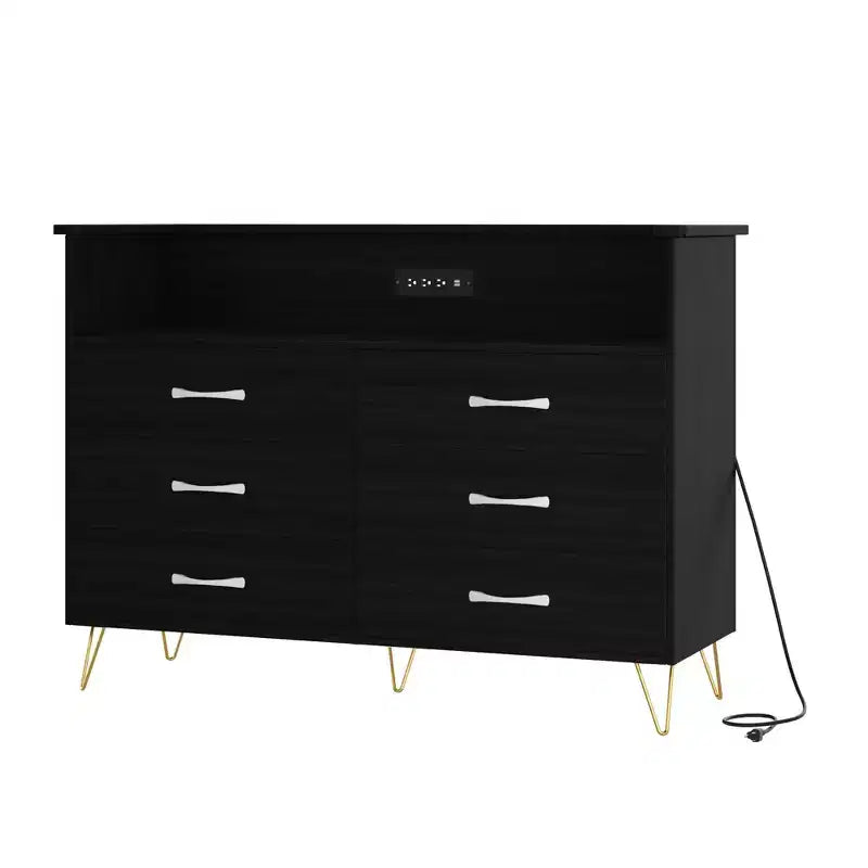 Commode moderne à 6 tiroirs avec lumières LED et station de recharge - 3 prises, 2 ports USB, lumières changeantes de couleur, étagères ouvertes avec commode de rangement élégante