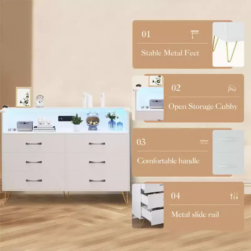 Commode moderne à 6 tiroirs avec lumières LED et station de recharge - 3 prises, 2 ports USB, lumières changeantes de couleur, étagères ouvertes avec commode de rangement élégante