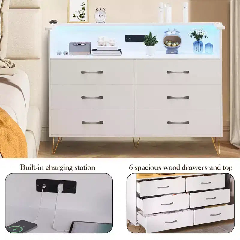 Commode moderne à 6 tiroirs avec lumières LED et station de recharge - 3 prises, 2 ports USB, lumières changeantes de couleur, étagères ouvertes avec commode de rangement élégante