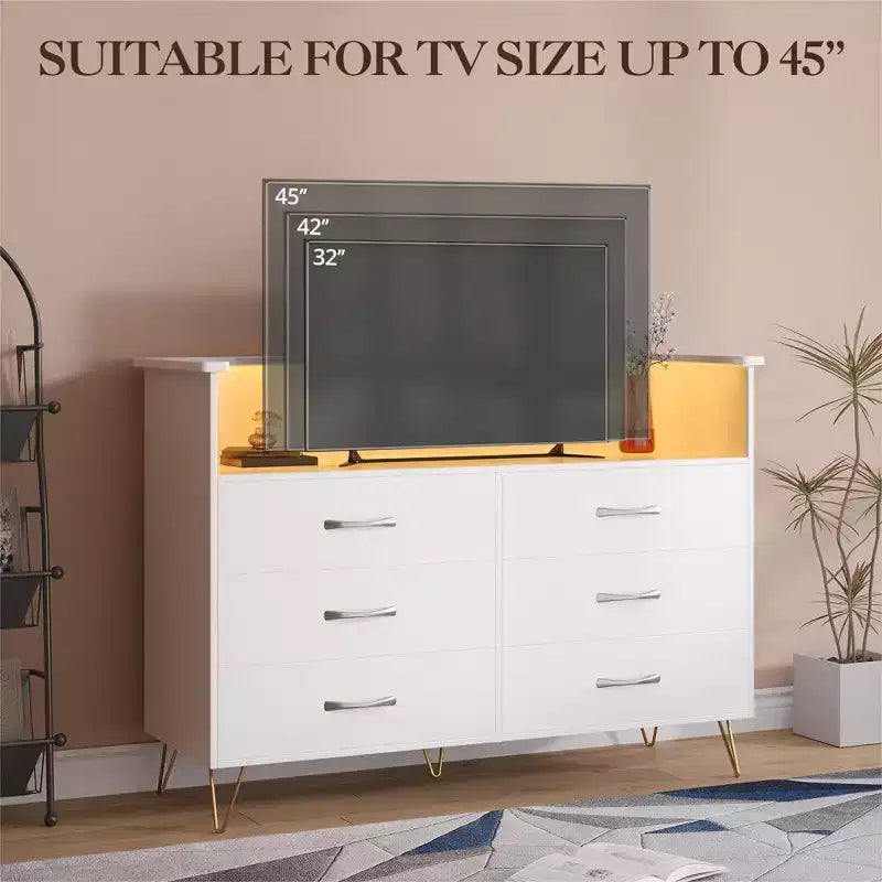 Commode moderne à 6 tiroirs avec lumières LED et station de recharge - 3 prises, 2 ports USB, lumières changeantes de couleur, étagères ouvertes avec commode de rangement élégante