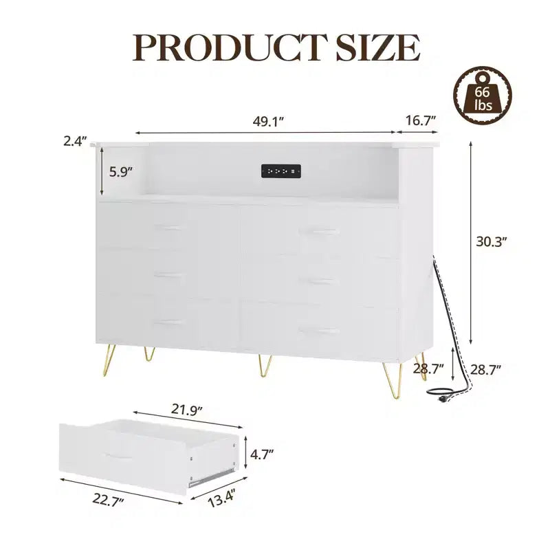 Commode moderne à 6 tiroirs avec lumières LED et station de recharge - 3 prises, 2 ports USB, lumières changeantes de couleur, étagères ouvertes avec commode de rangement élégante