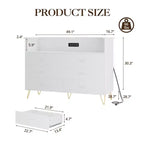 Commode moderne à 6 tiroirs avec lumières LED et station de recharge - 3 prises, 2 ports USB, lumières changeantes de couleur, étagères ouvertes avec commode de rangement élégante