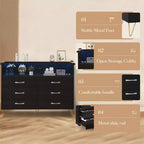 Commode moderne à 6 tiroirs avec lumières LED et station de recharge - 3 prises, 2 ports USB, lumières changeantes de couleur, étagères ouvertes avec commode de rangement élégante