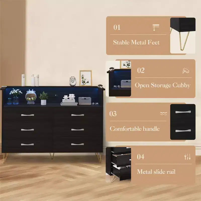 Commode moderne à 6 tiroirs avec lumières LED et station de recharge - 3 prises, 2 ports USB, lumières changeantes de couleur, étagères ouvertes avec commode de rangement élégante