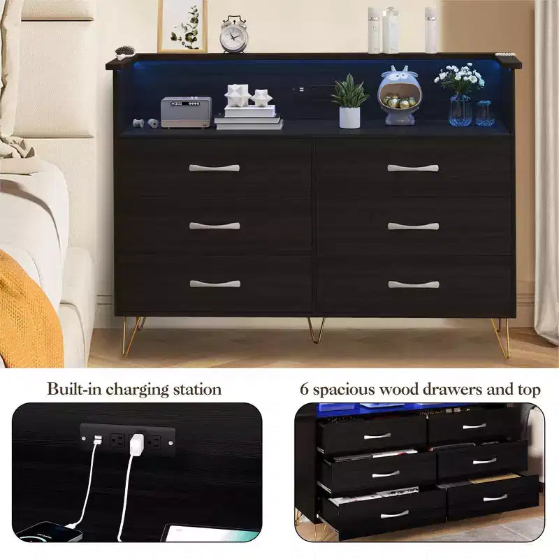 Commode moderne à 6 tiroirs avec lumières LED et station de recharge - 3 prises, 2 ports USB, lumières changeantes de couleur, étagères ouvertes avec commode de rangement élégante