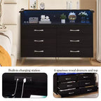Commode moderne à 6 tiroirs avec lumières LED et station de recharge - 3 prises, 2 ports USB, lumières changeantes de couleur, étagères ouvertes avec commode de rangement élégante