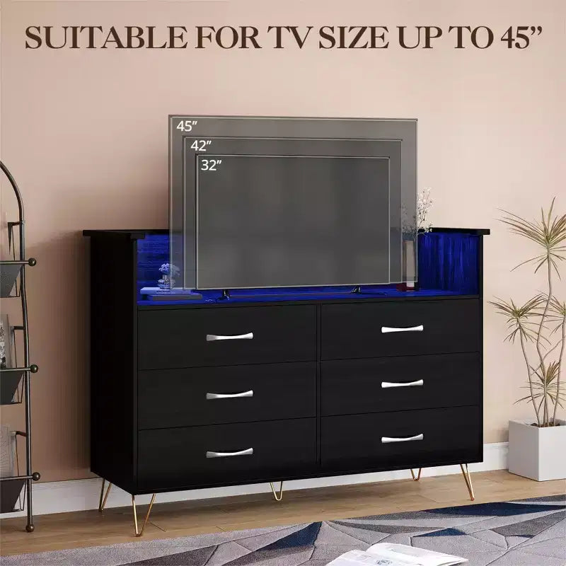 Commode moderne à 6 tiroirs avec lumières LED et station de recharge - 3 prises, 2 ports USB, lumières changeantes de couleur, étagères ouvertes avec commode de rangement élégante
