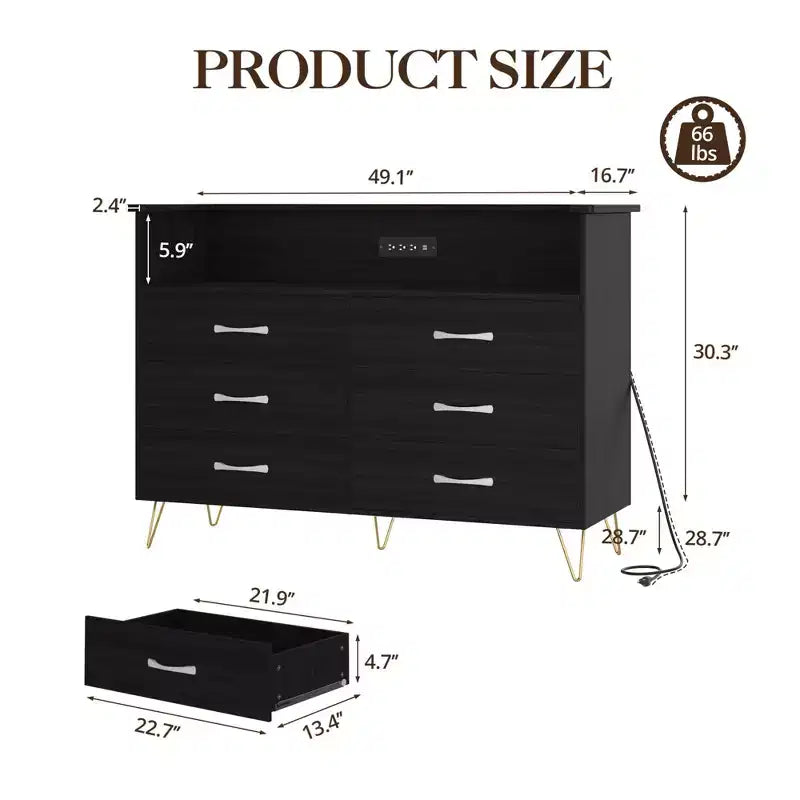 Commode moderne à 6 tiroirs avec lumières LED et station de recharge - 3 prises, 2 ports USB, lumières changeantes de couleur, étagères ouvertes avec commode de rangement élégante