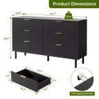 Commode 55 po à 6 tiroirs, commode à cannelures ondulées avec dispositif anti-basculement, grande table de chevet en bois avec rangement et pieds en métal