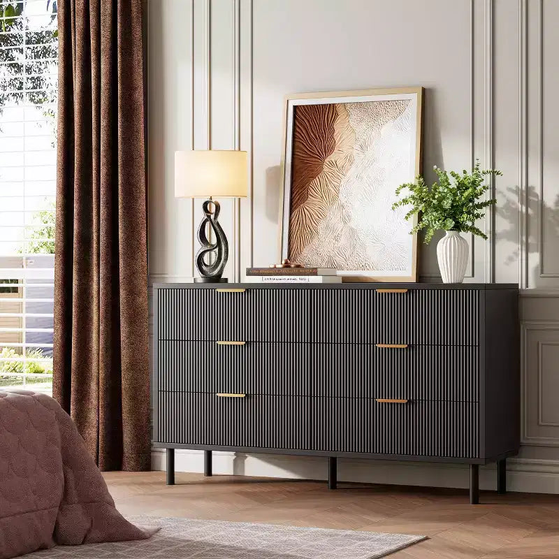 Commode 55 po à 6 tiroirs, commode à cannelures ondulées avec dispositif anti-basculement, grande table de chevet en bois avec rangement et pieds en métal
