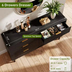 Commode 55 po à 6 tiroirs, commode à cannelures ondulées avec dispositif anti-basculement, grande table de chevet en bois avec rangement et pieds en métal