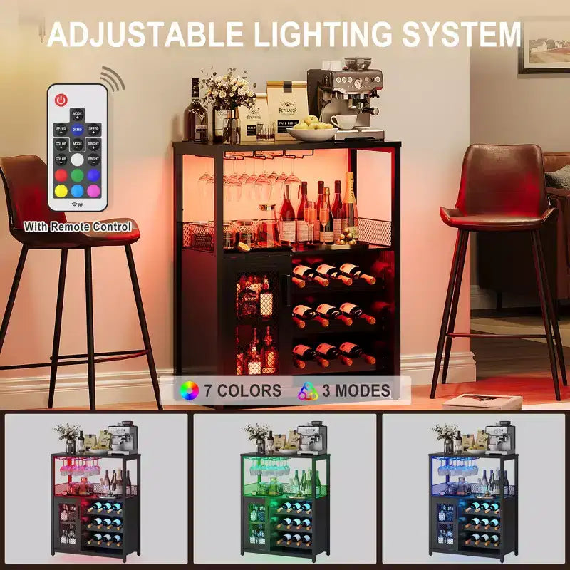 Meuble de bar à vin 3 niveaux avec casier à vin et espace de rangement, buffet avec porte-verres et porte grillagée, pour cuisine, salon et bar