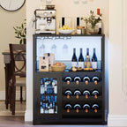 Meuble de bar à vin 3 niveaux avec casier à vin et espace de rangement, buffet avec porte-verres et porte grillagée, pour cuisine, salon et bar