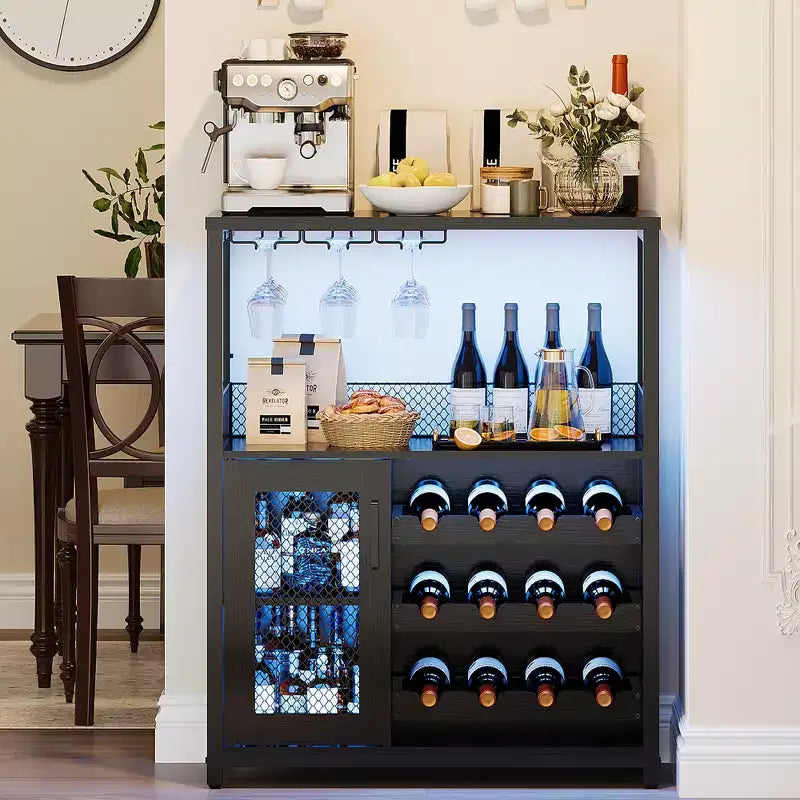 Meuble de bar à vin 3 niveaux avec casier à vin et espace de rangement, buffet avec porte-verres et porte grillagée, pour cuisine, salon et bar