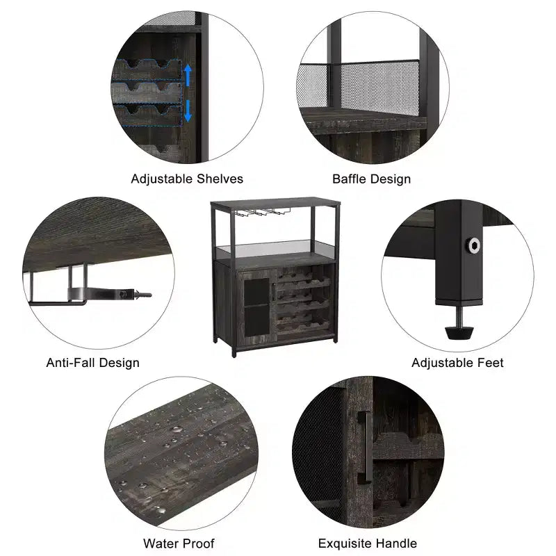 Meuble de bar à vin 3 niveaux avec casier à vin et espace de rangement, buffet avec porte-verres et porte grillagée, pour cuisine, salon et bar