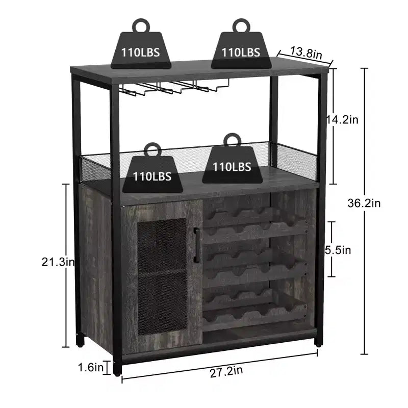 Meuble de bar à vin 3 niveaux avec casier à vin et espace de rangement, buffet avec porte-verres et porte grillagée, pour cuisine, salon et bar