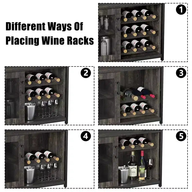 Meuble de bar à vin 3 niveaux avec casier à vin et espace de rangement, buffet avec porte-verres et porte grillagée, pour cuisine, salon et bar