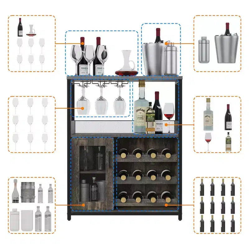 Meuble de bar à vin 3 niveaux avec casier à vin et espace de rangement, buffet avec porte-verres et porte grillagée, pour cuisine, salon et bar