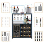 Meuble de bar à vin 3 niveaux avec casier à vin et espace de rangement, buffet avec porte-verres et porte grillagée, pour cuisine, salon et bar