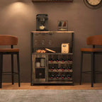 Meuble de bar à vin 3 niveaux avec casier à vin et espace de rangement, buffet avec porte-verres et porte grillagée, pour cuisine, salon et bar