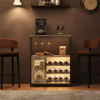 Meuble de bar à vin 3 niveaux avec casier à vin et espace de rangement, buffet avec porte-verres et porte grillagée, pour cuisine, salon et bar